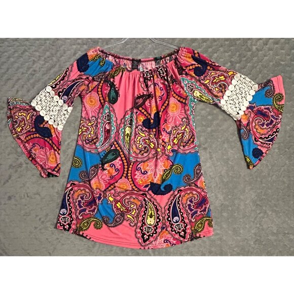 Win Win Women’s Paisley Print Tunic w/ Lace Bell Pinwheel Sleeves L-XL Pink Blue - Picture 3 of 6